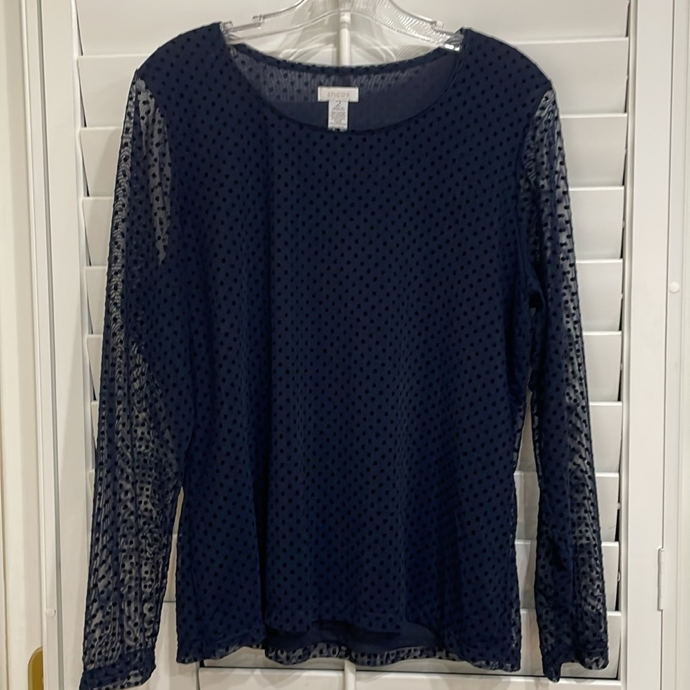 Chico’s Size 2, 12/14 Navy Blue with Sheer Long Sleeve Top